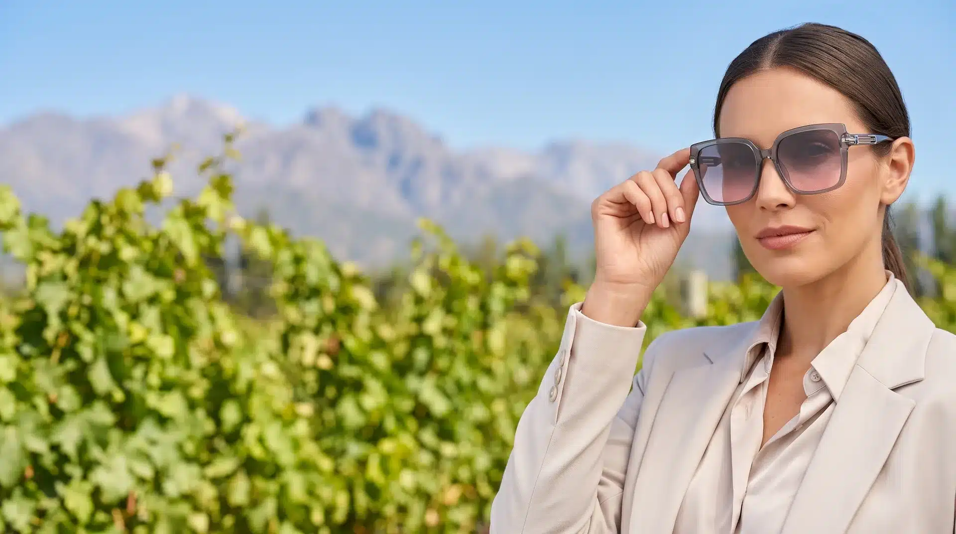 Mujer con lentes oversize gris degradado en un viñedo con la cordillera al fondo