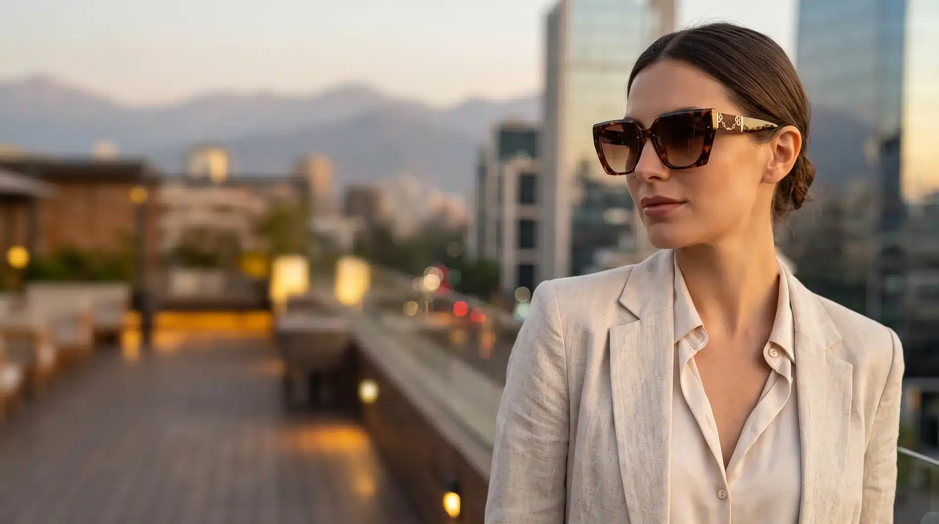 Mujer con lentes de sol carey C6 al atardecer en Santiago