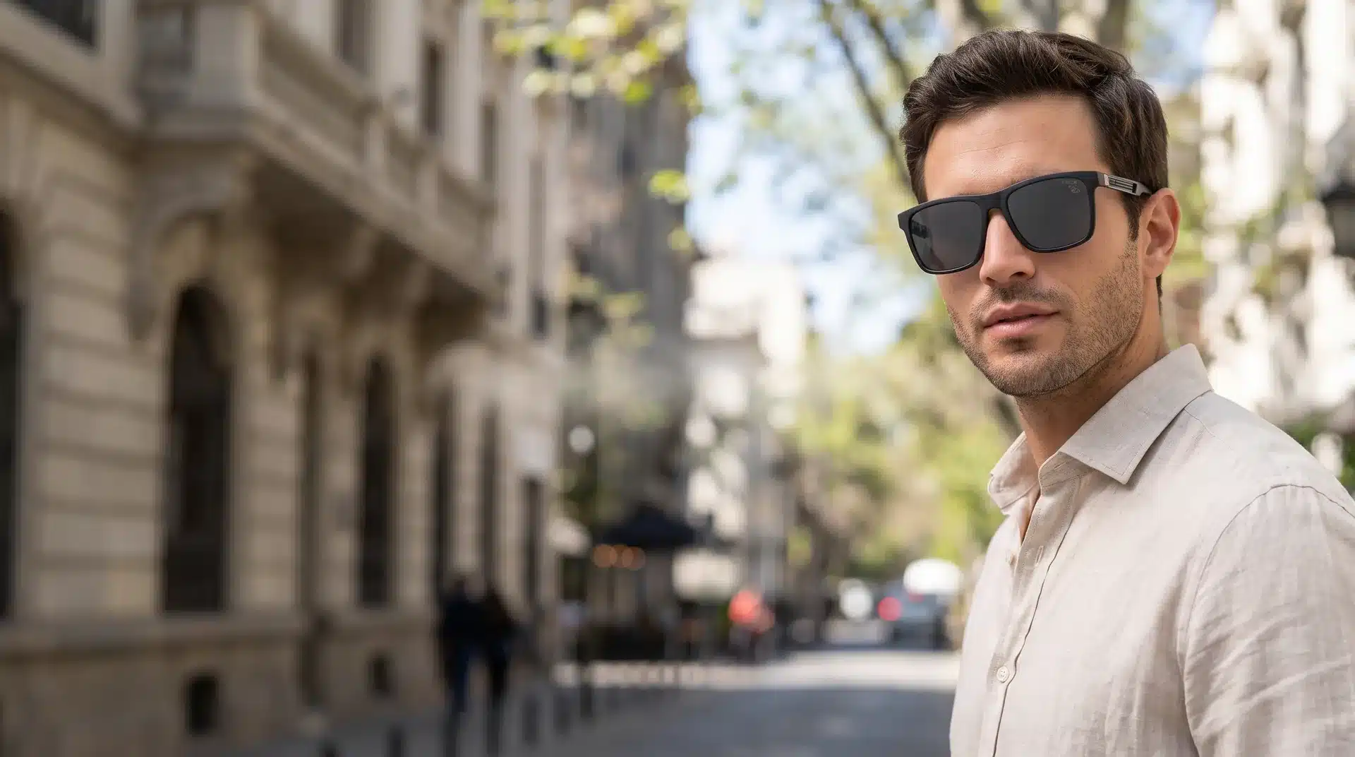 Hombre con lentes de sol negro mate PR2618P en el centro de Santiago